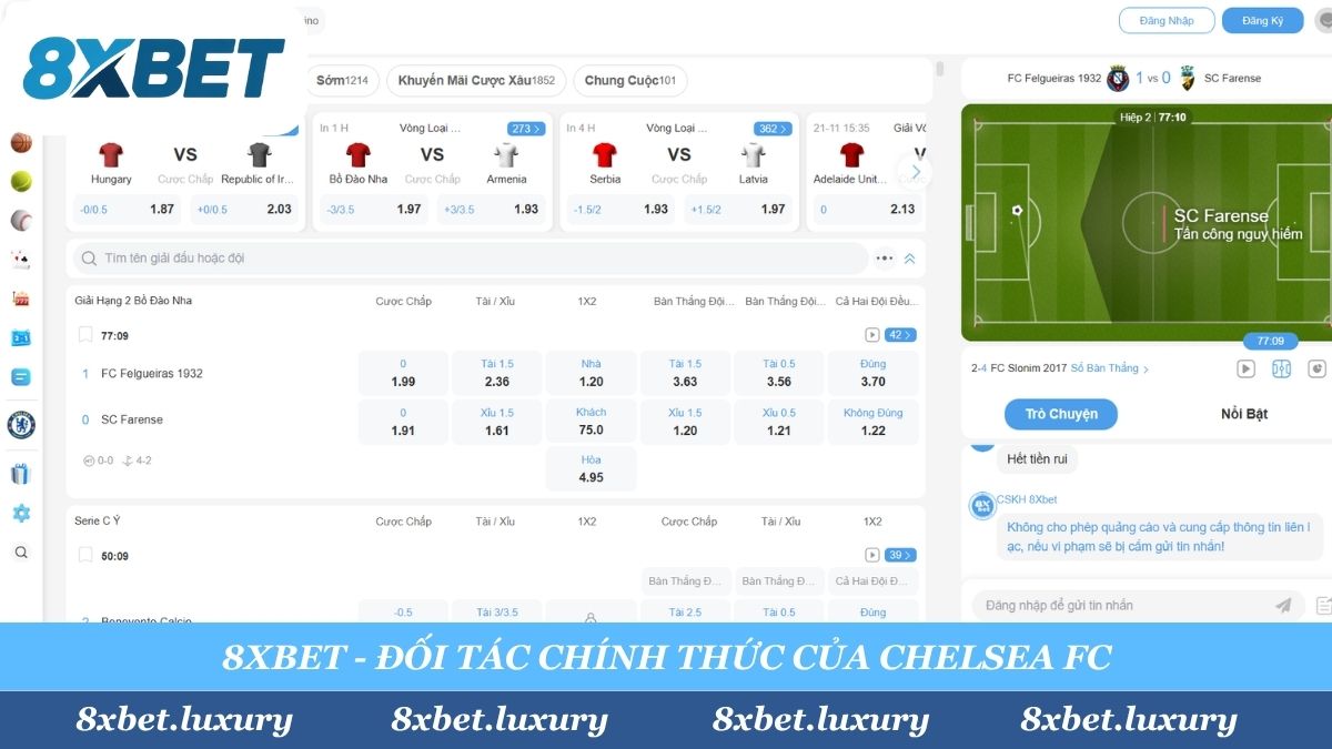 8xbet tự hào là đối tác chính thức của các CLB hàng đầu thế giới như Chelsea FC. Sự hợp tác này là bảo chứng vàng cho uy tín, sự minh bạch và đẳng cấp toàn cầu của 8xbet trong lĩnh vực cá cược thể thao.