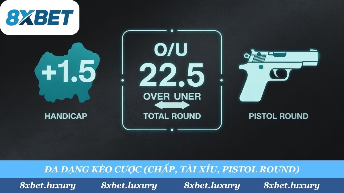 Làm chủ mọi loại kèo cược Valorant tại 8xbet, từ Chấp map (Handicap), Tài Xỉu round (Over/Under), cho đến kèo Pistol Round 50/50 đầy may rủi.